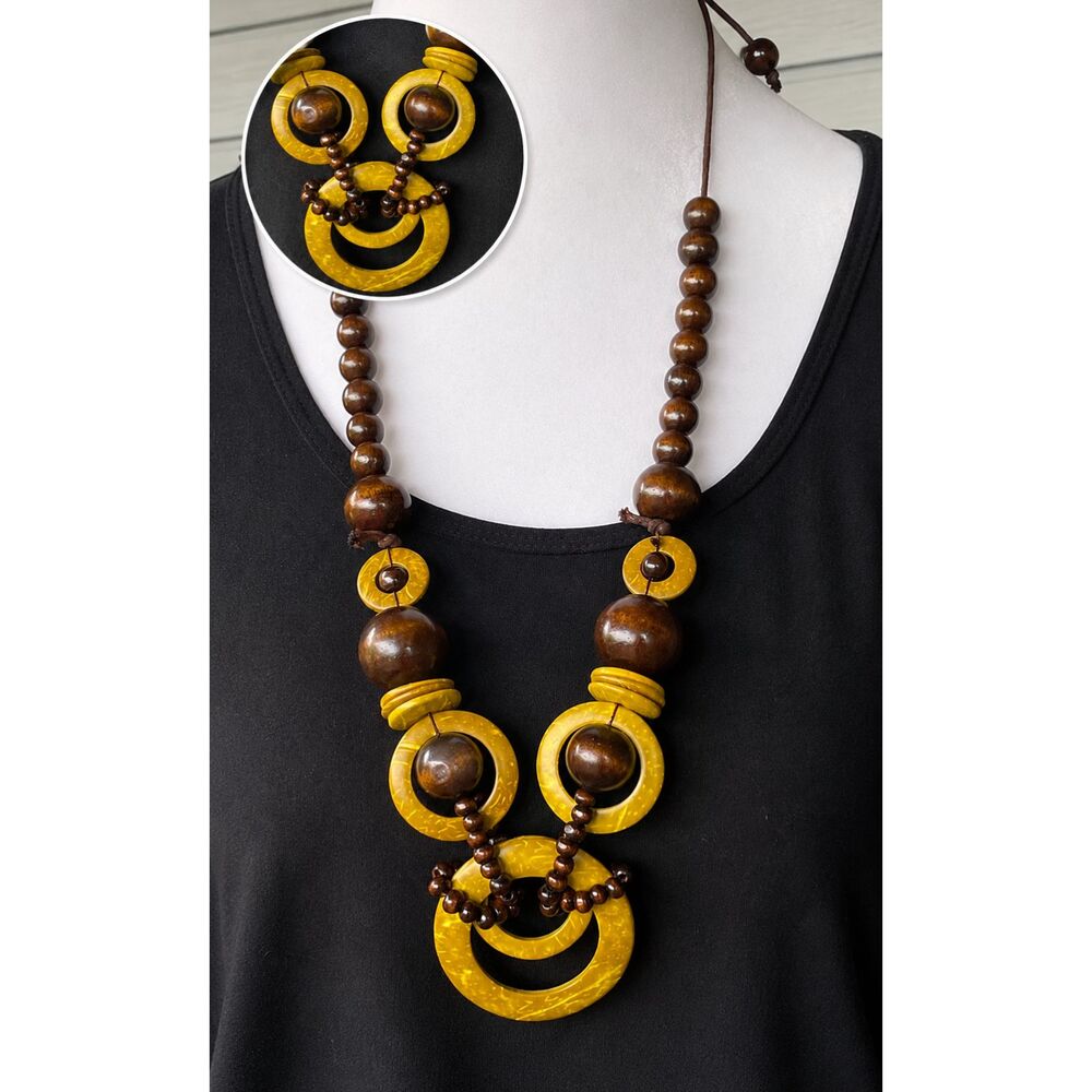 Adjustable 40" Wood Bead Statement Necklace Boho Brown Mustard Yellow